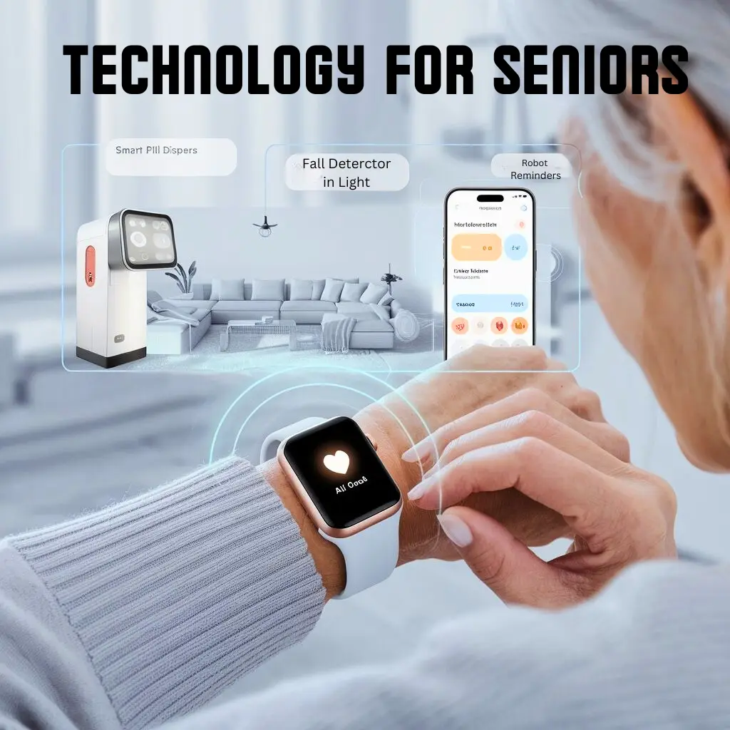 Senior woman looking at her smart watch. Above text states "Technology for Seniors"