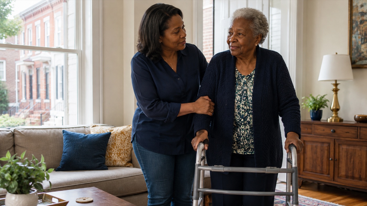 A family caregiver helping her aging mother use a walker safely at home in Philadelphia