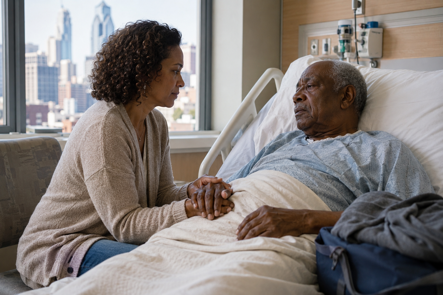Adult daughter holding her senior father's hand in a Philadelphia hospital room before discharge