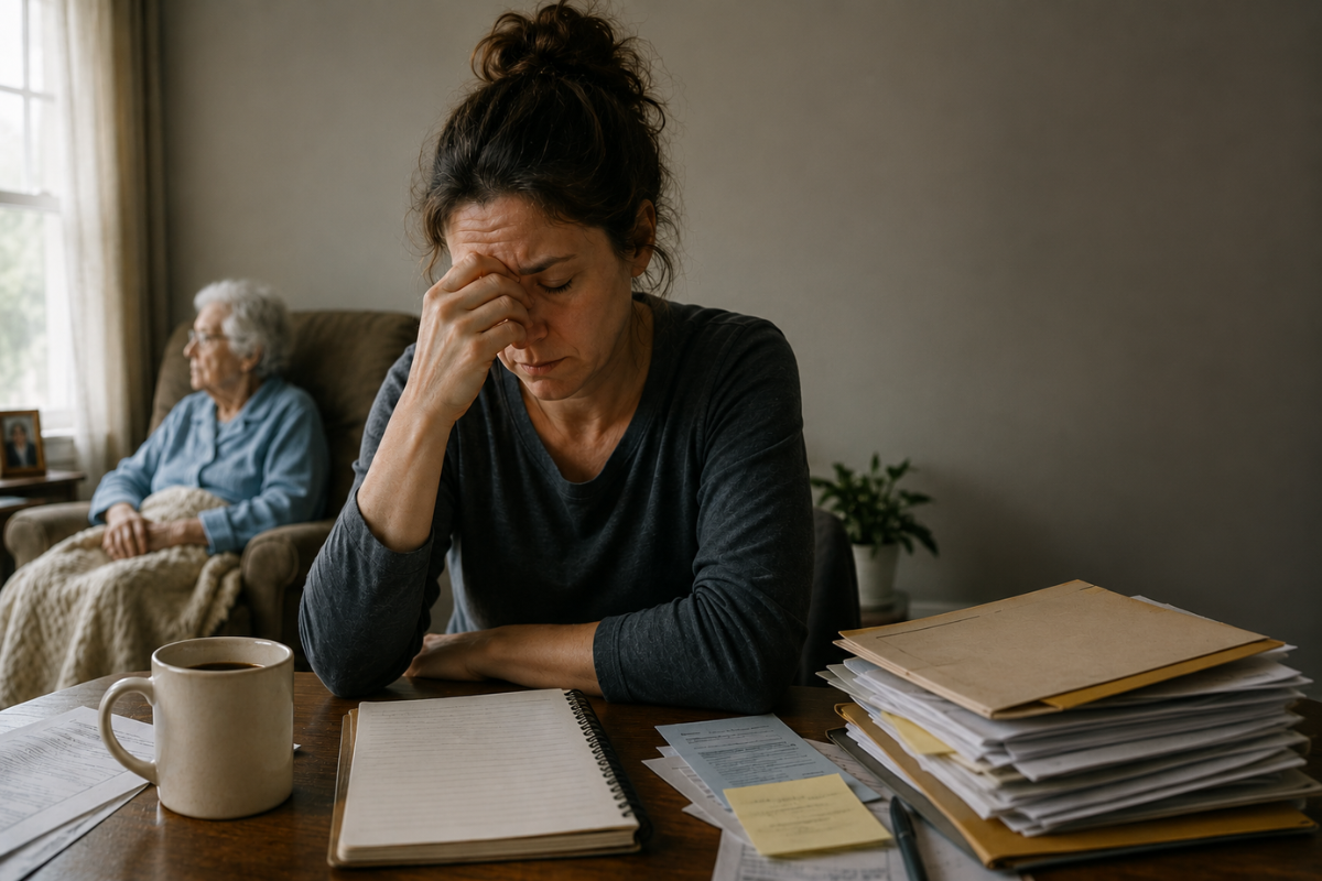Woman at table feeling stress and elderly person in recliner in background