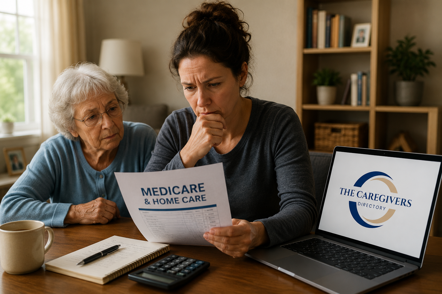 Woman with elderly mother at a table looking at a pice of paper and computer with The Caregivers Directory logo on the screen