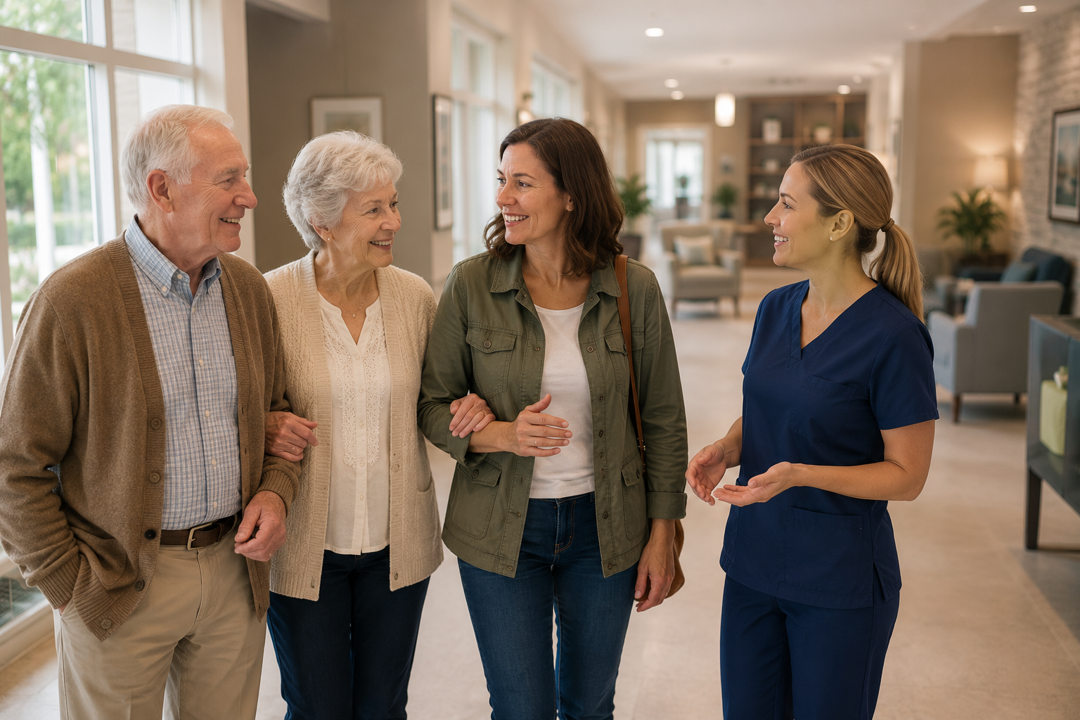 Family speaks to woman in scrubs in a welcoming lobby