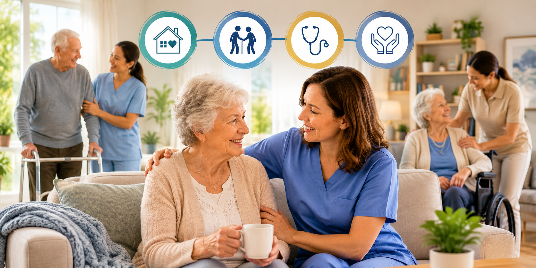 Nurse holding older womans shoulder and smiling