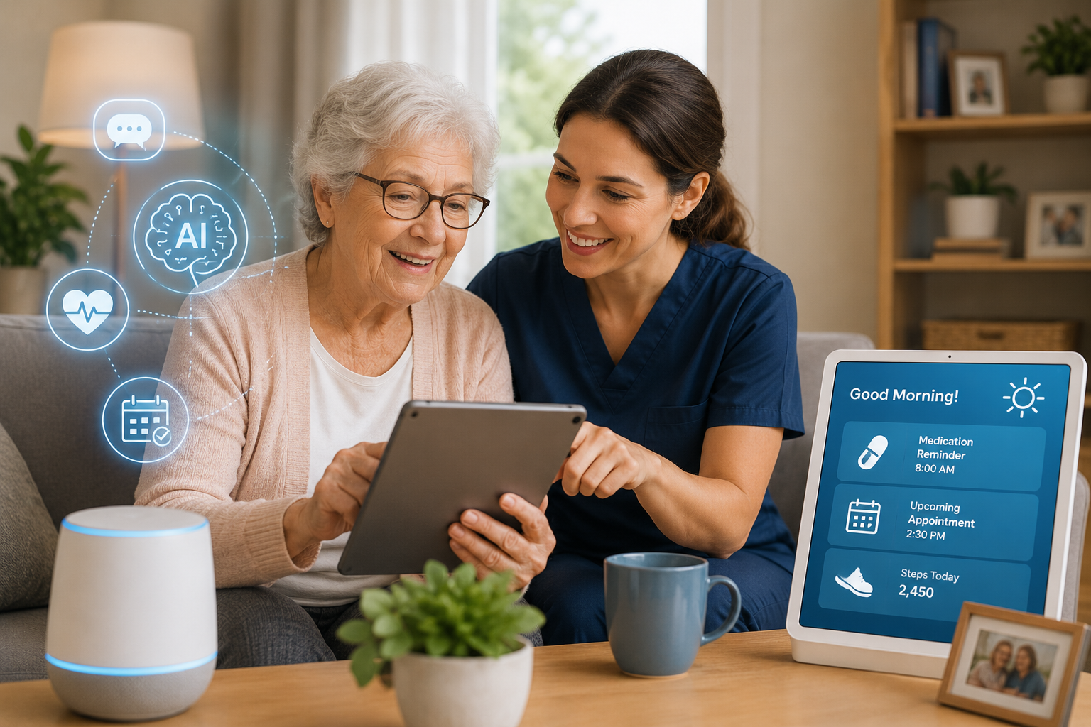 daughter and older person looking at an iPad