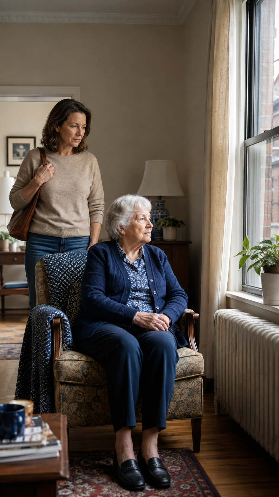 middle aged woman looking concerned over aging parent who is isolated in her home in Philadelphia
