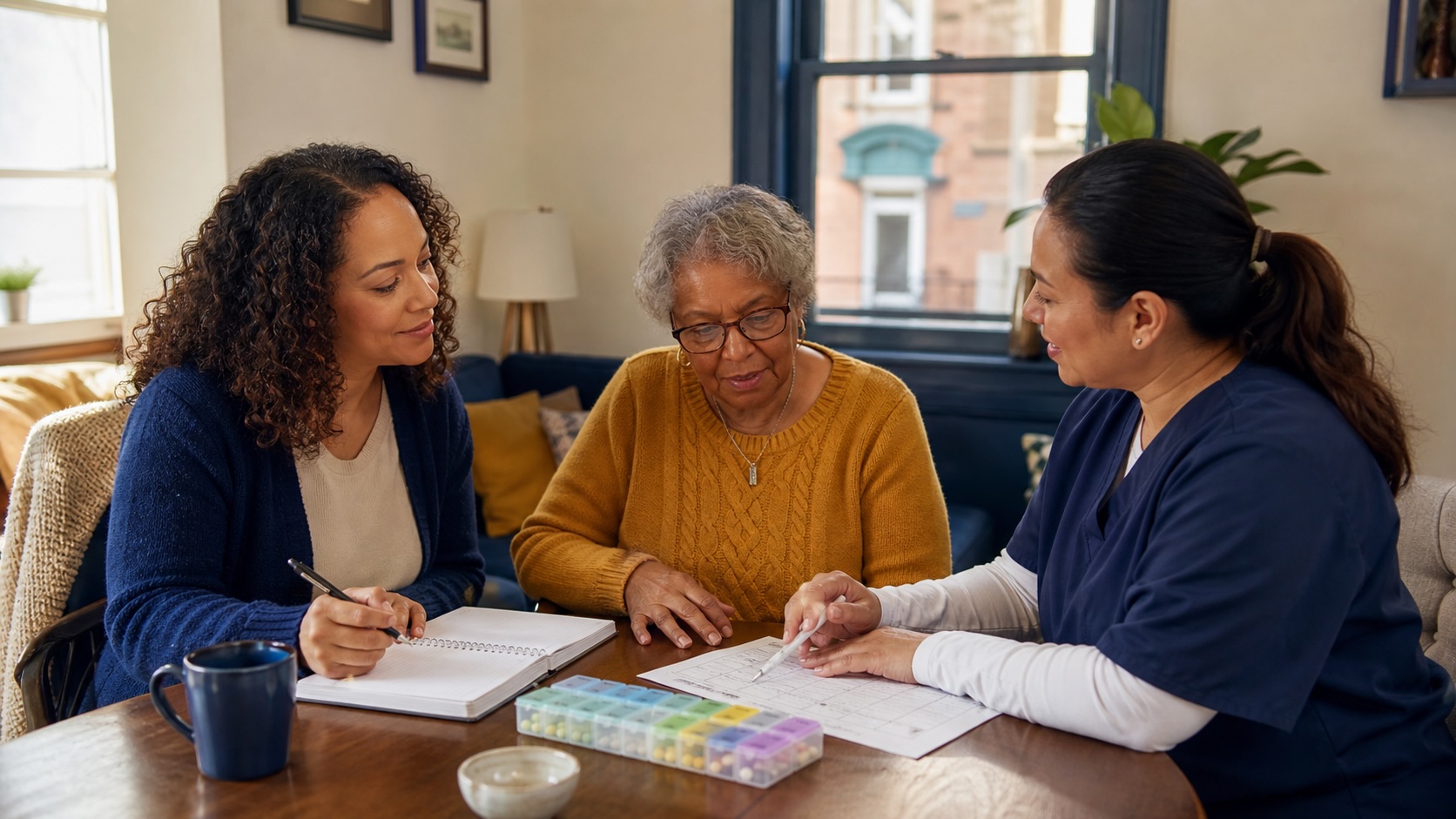 daughter sits with older woman client and case manager in Philadelphia to discuss home care