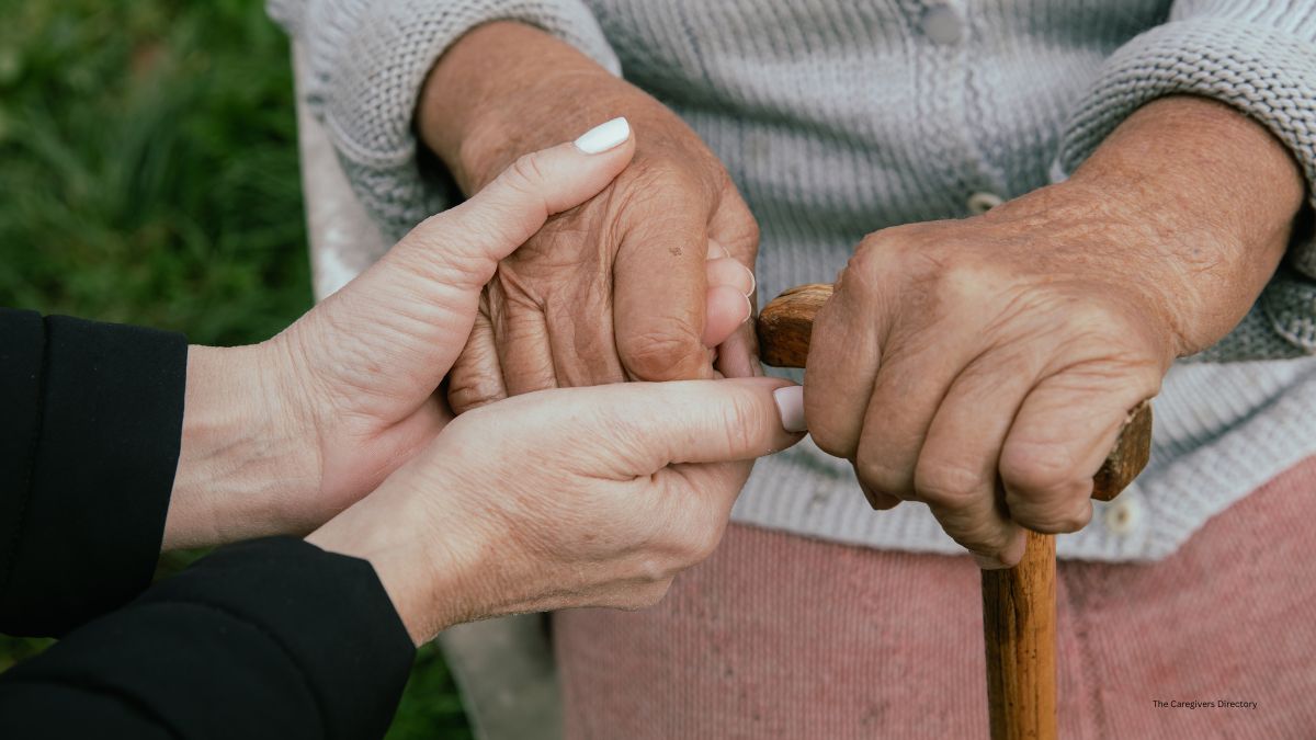 Caregiver hands holding older person hands and cane