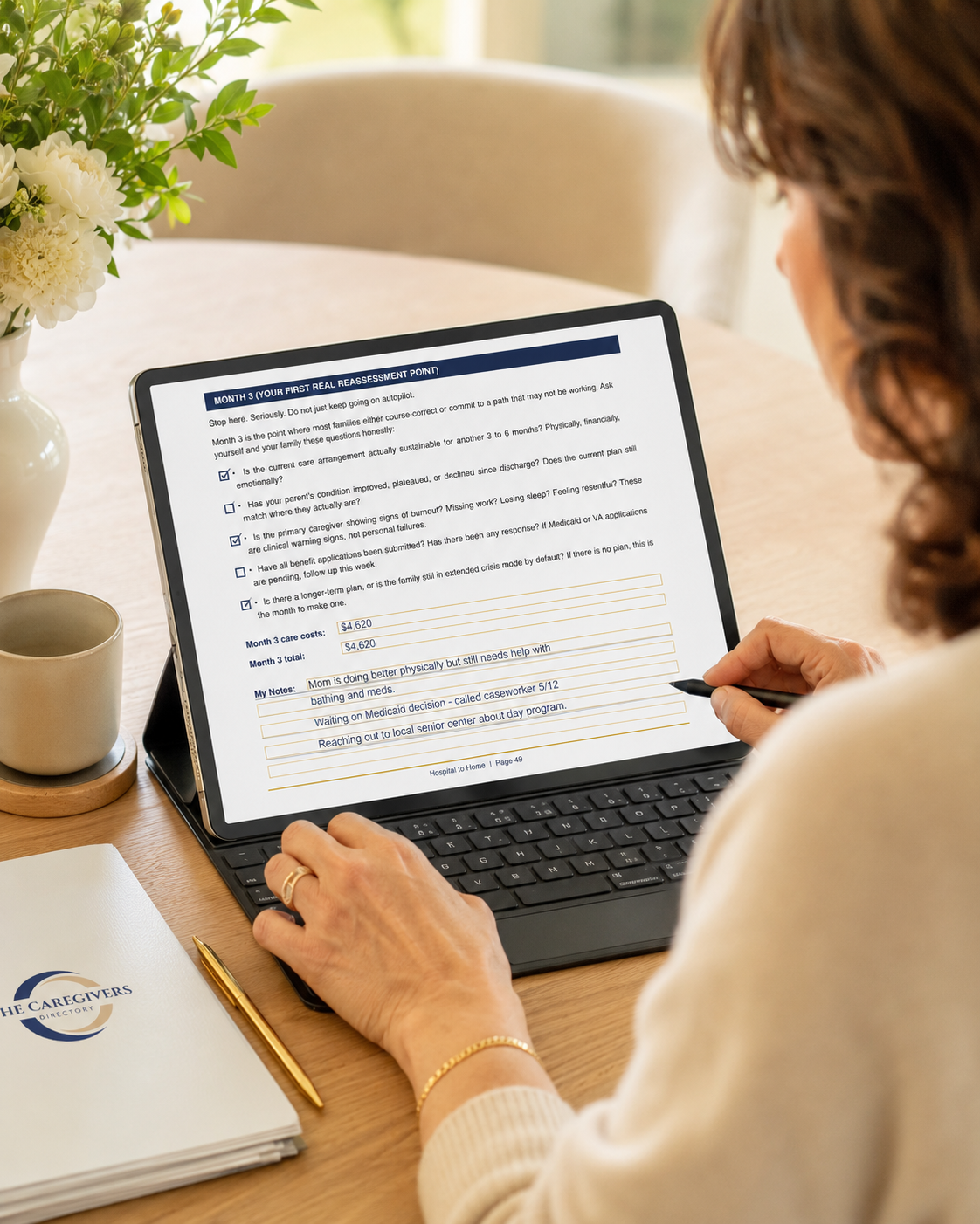 woman filling in her interactive PDF hospital to home guide