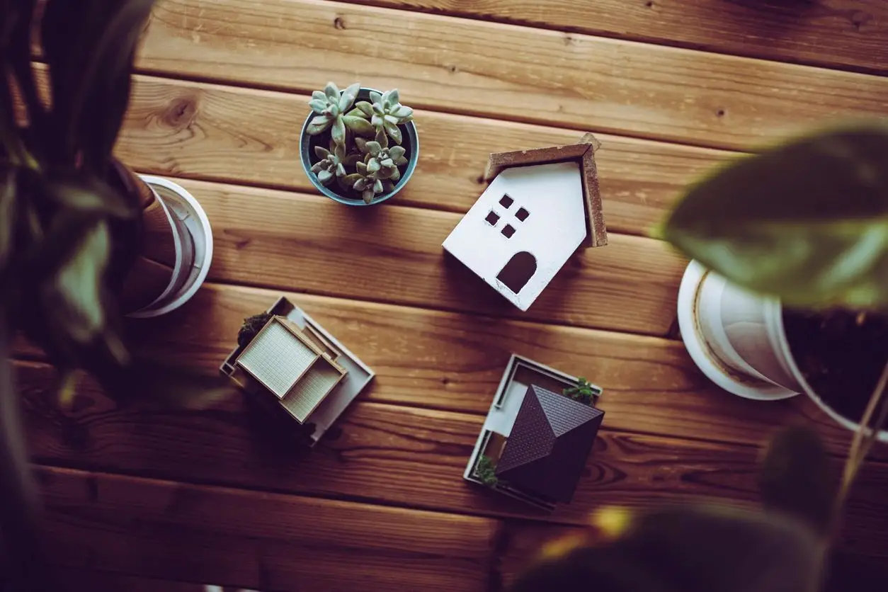 coffee cup, plant and craft houses on wooden background
